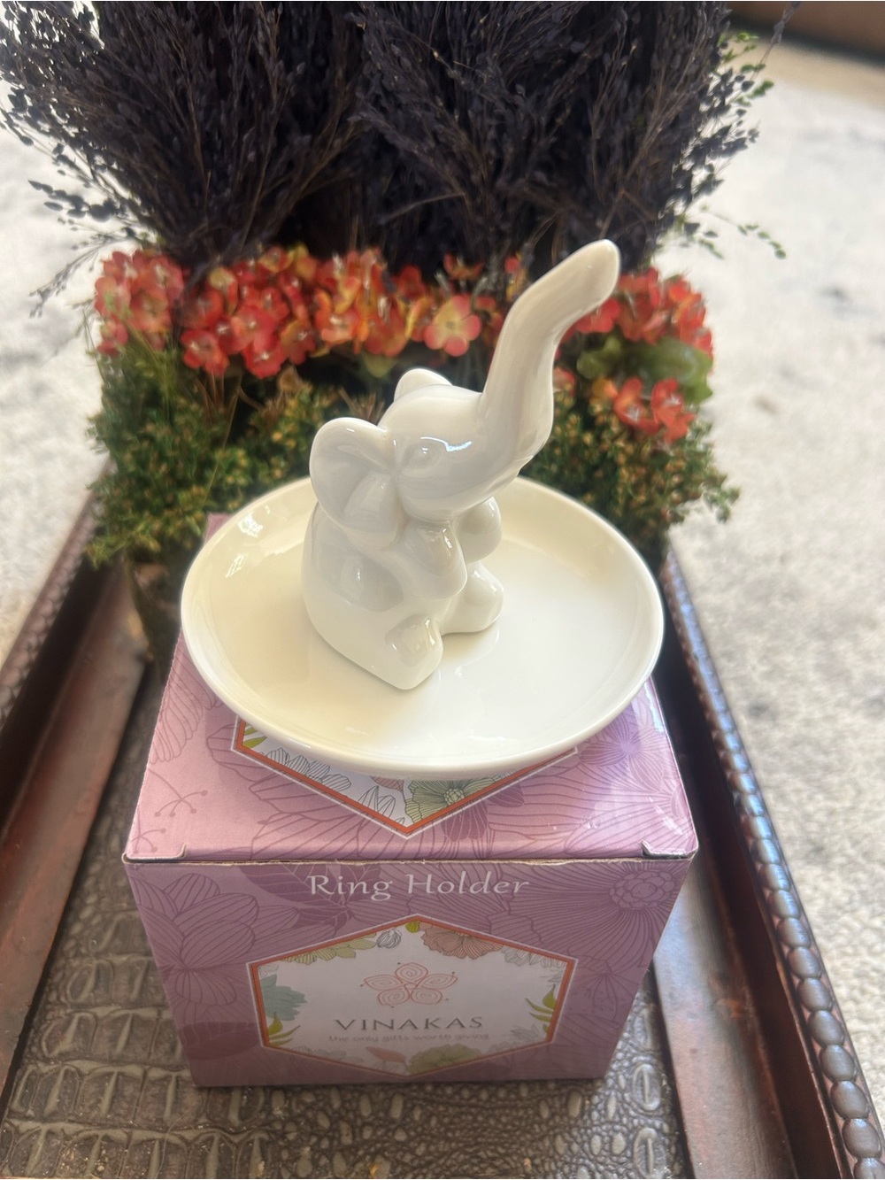 White Ceramic Elephant Ring Holder - White